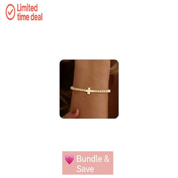 14K Gold Plated Beaded Stretch Bracelet with Cross Charm Stackable - Picture 2 of 8